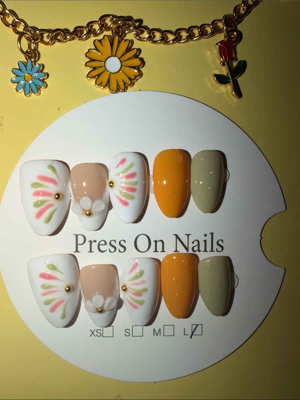 Floral Accent Press-On Nail Set in White, Peach, Mustard & Sage